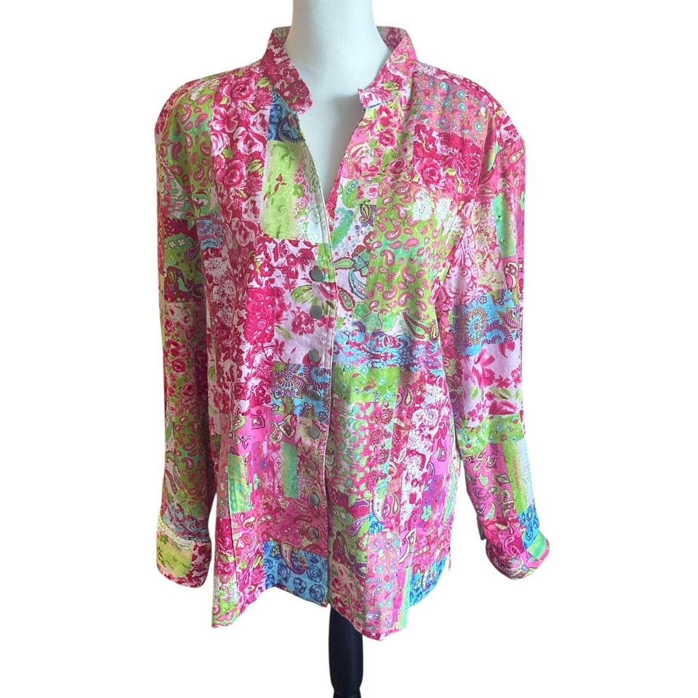 CJ Banks Jacket Women's 2X Pink Patchwork Floral‎ Print Embroidered Stretch
